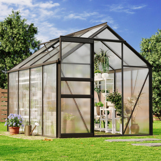 Garvee 6x8 Ft Polycarbonate Greenhouse - Free-Standing Greenhouse for Outdoors with Rust-Resistant Aluminum Frame, Gutter System & Roof Vent, Ideal for Seed Starting & All-Season Plant Protection