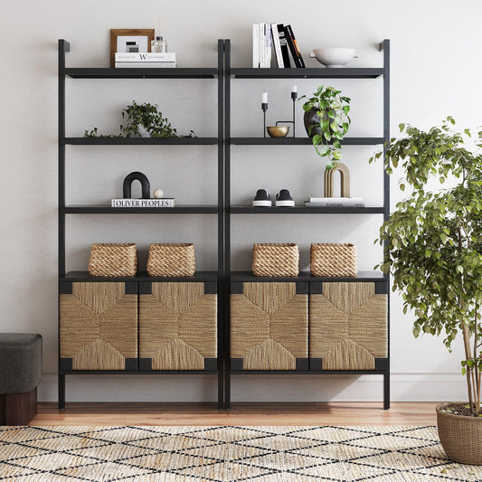 Nathan James Beacon 3-Shelf Bookcase with Seagrass Cabinet, Solid Wood Boho Bookshelf with Storage with Solid Wood Frame, Seagrass/Black, Set of 2