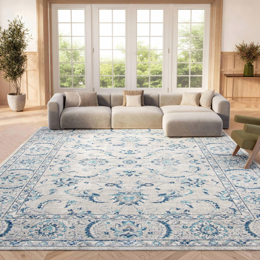 SAFAVIEH Brentwood Collection X-Large Area Rug - 11' x 15', Light Grey & Blue, Oriental Floral Scroll Design, Non-Shedding & Easy Care, Ideal for High Traffic Areas in Living Room, Bedroom (BNT854G)
