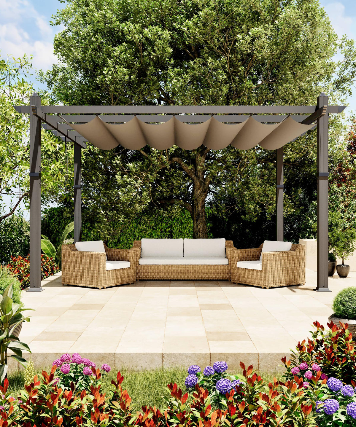 GarveeLife 10x13 ft Aluminum Pergola, Outdoor Metal Pergola with Adjustable Canopy, Reinforced Frame Outdoor Shelter for Backyard, Garden and Deck - Khaki