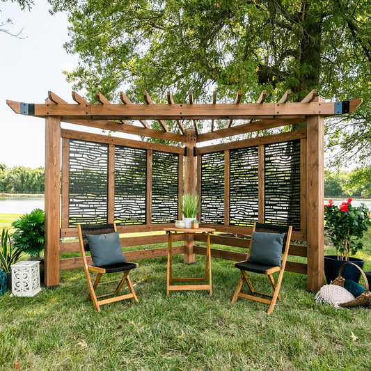 Backyard Discovery Verona 12' x 8' Cedar Wood Cabana Corner Pergola with Bamboo Privacy Panels for Outdoor Patio, Deck, Garden, Poolside, Entertaining