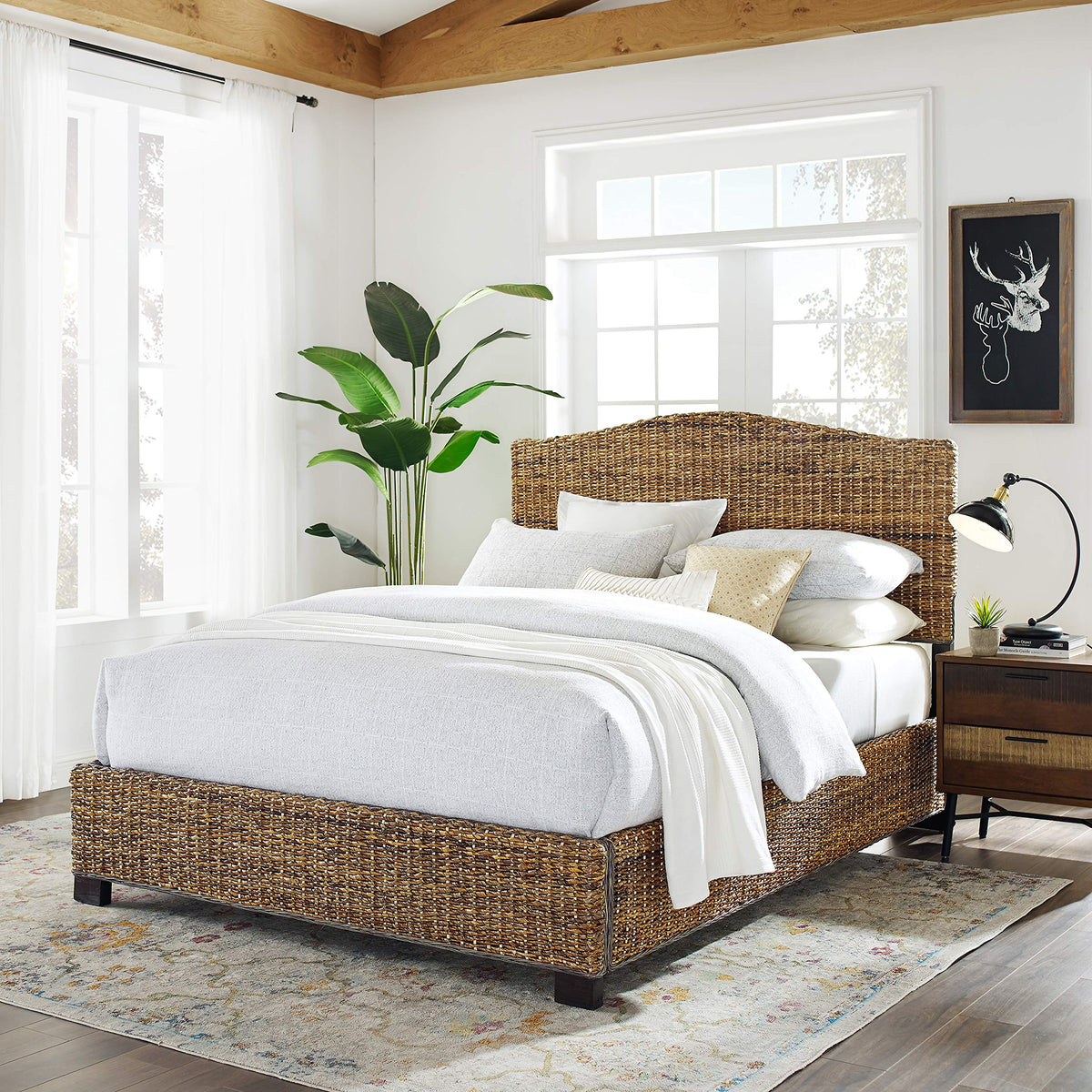 Crosley Furniture Serena Bed, Handwoven Natural Fiber Rattan Headboard and Footboard Set, Banana Leaf, Queen