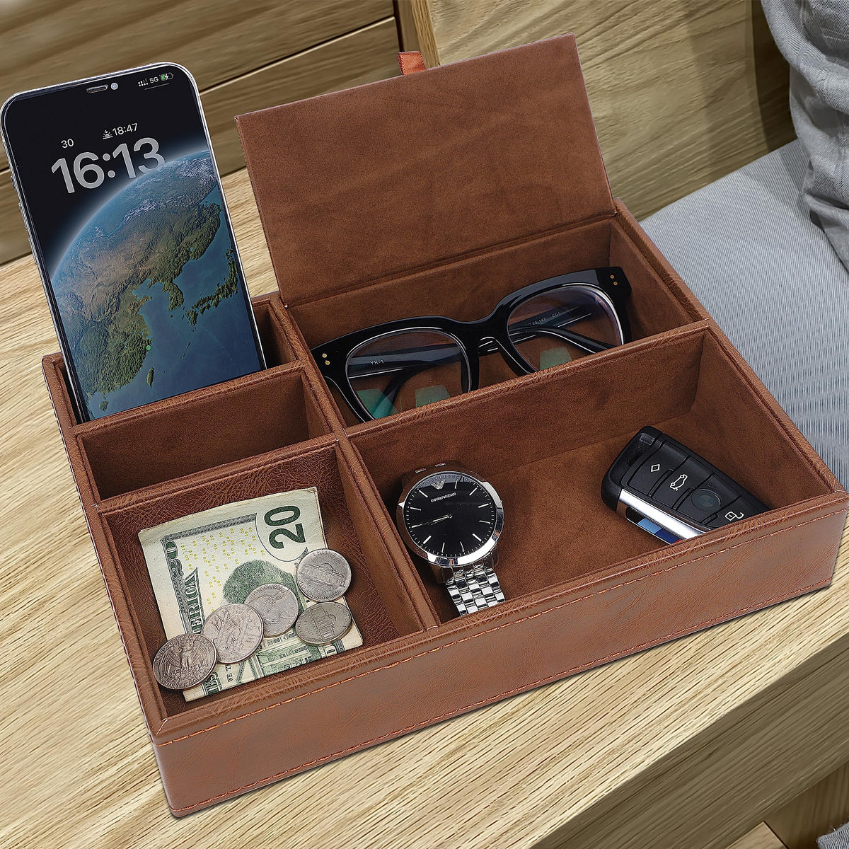 Zcaukya Men's Valet Tray, Jewelry Box Nightstand Organizer with 5 Compartments for Phone Keys Wallet Watch Glasses, Faux Leather Dresser Entryway Catchall Holder for Father's Day Gift (Brown)