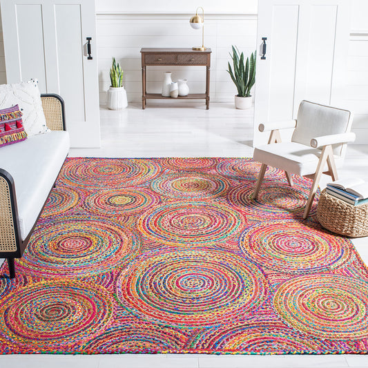 SAFAVIEH Cape Cod Collection Area Rug - 9' x 12', Red & Multi, Handmade Boho Braided Circles Jute & Cotton, Ideal for High Traffic Areas in Living Room, Bedroom (CAP203A)