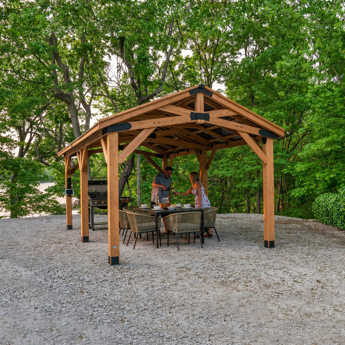 Backyard Discovery Norwood 24' x 12' Cedar Wood Outdoor Gazebo Pavilion with Hardtop Galvanized Steel Peak Roof, Snow Support, Wind Resistance, PowerPort, Shade for Garden, Patio, Deck, Entertaining